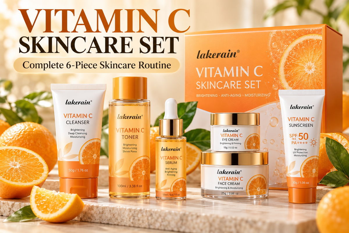 Lakerain Vitamin C Skincare Set featuring a 6-piece routine with cleanser, toner, serum, face cream, and sunscreen, displayed with fresh oranges and leaves on a marble surface.