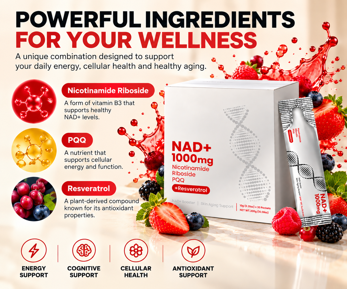 NAD+ Berry Drink Mix – 600mg Nicotinamide Riboside with Resveratrol, Quercetin & PQQ | 30 Servings