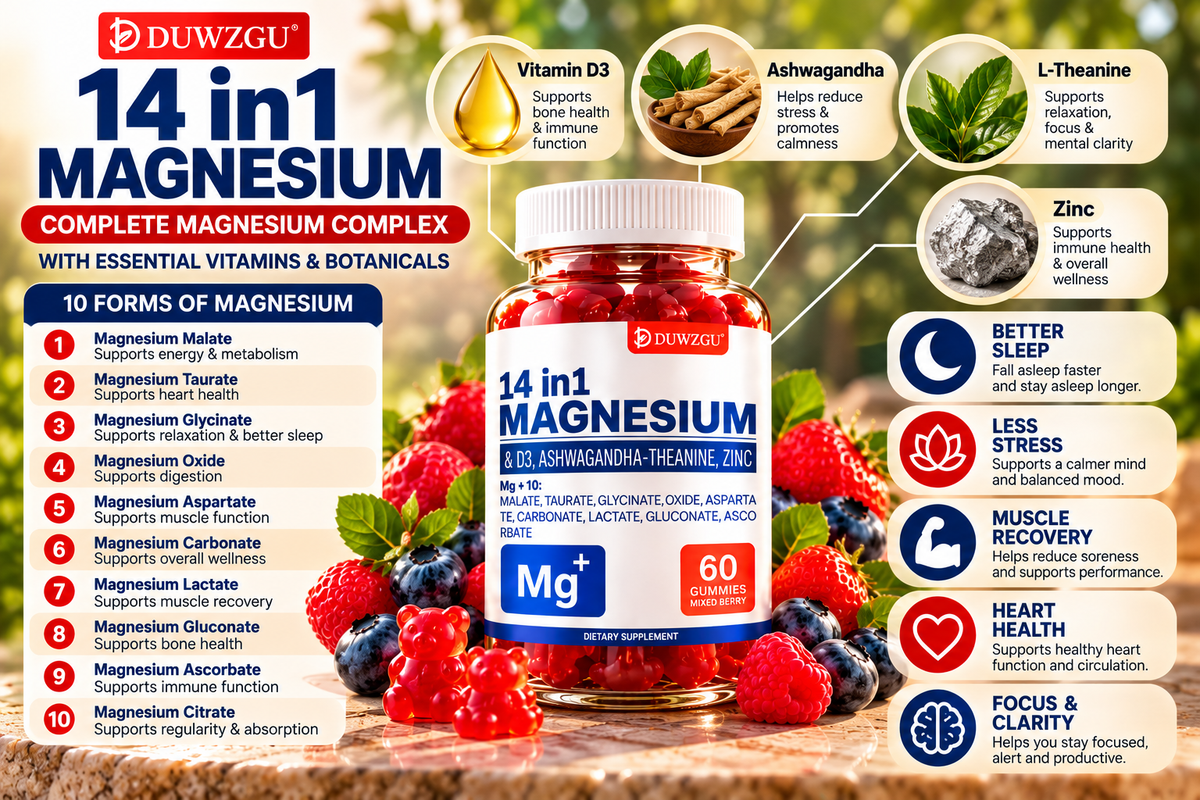 DUWZGU 14-in-1 Magnesium Complex Gummies – 10 Forms of Magnesium, Vitamin D3, Zinc & More