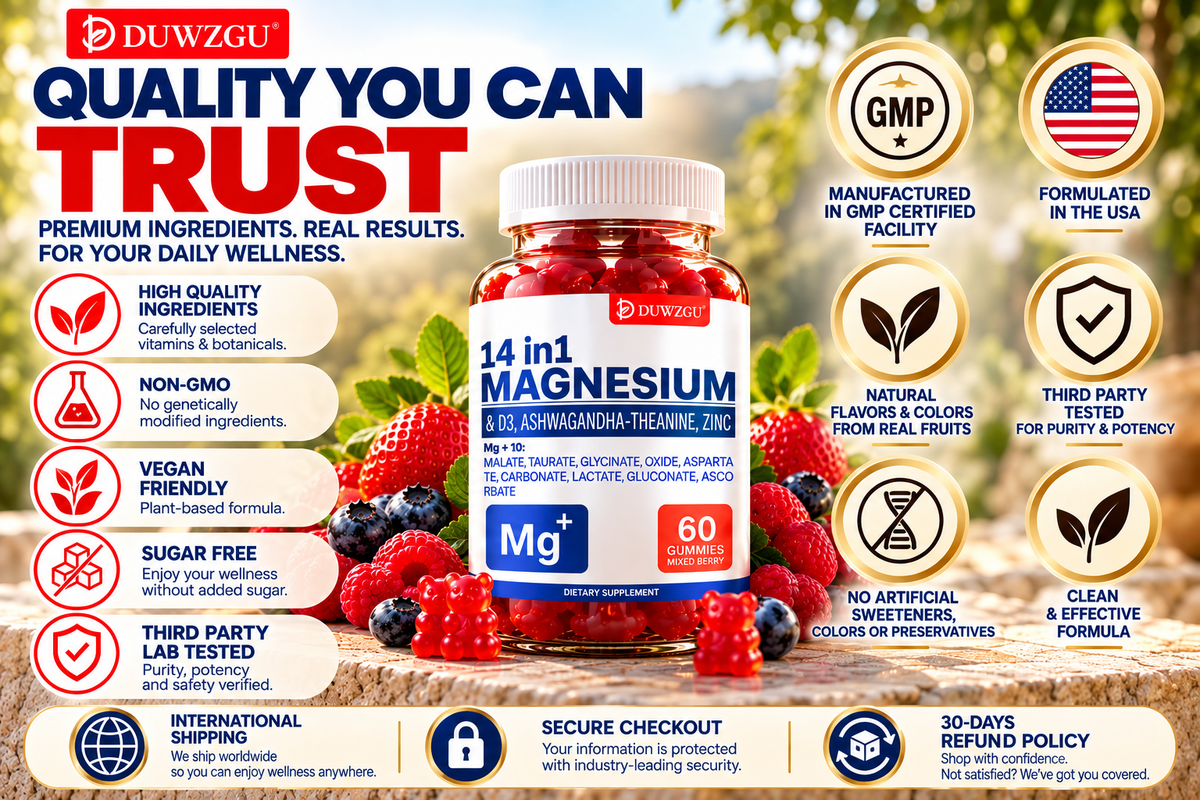 DUWZGU 14-in-1 Magnesium Complex Gummies – 10 Forms of Magnesium, Vitamin D3, Zinc & More